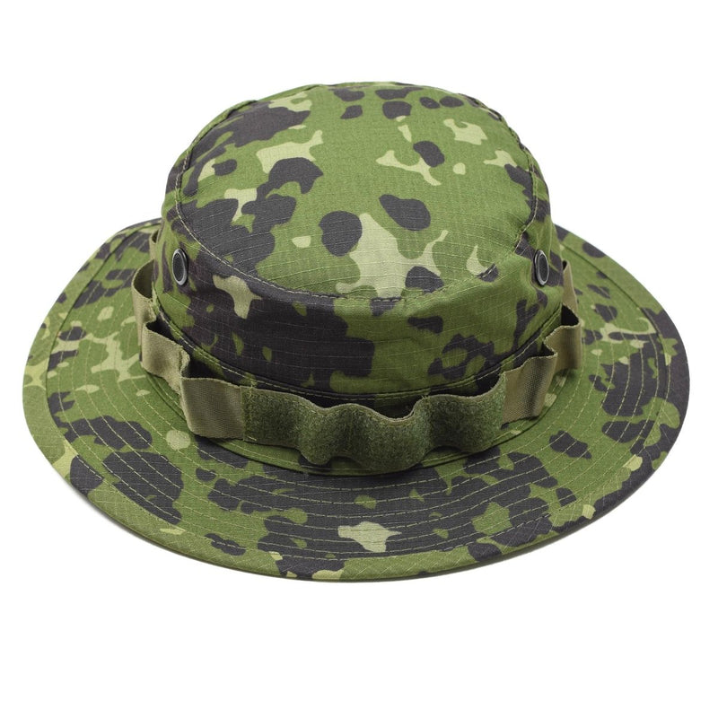 Danish Army style Boonie hat with M84 camo, wide brim, ripstop fabric, vent holes, and adjustable chinstrap for outdoor use.
