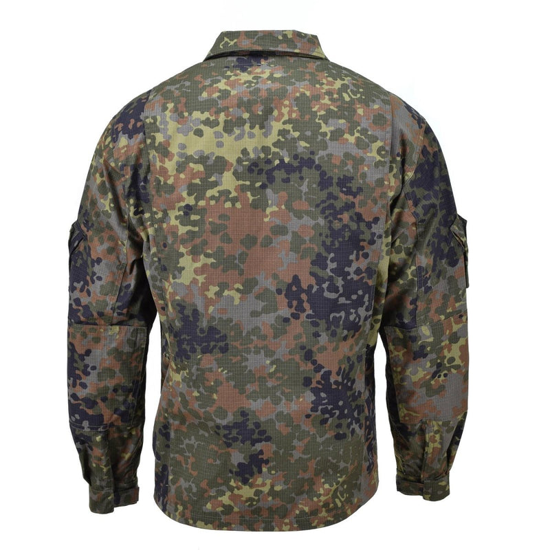 Back view of TACGEAR German military style field jacket in durable Flecktarn camouflage fabric with long sleeves.