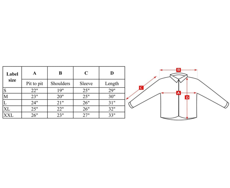 Size chart for TACGEAR windproof smock with measurements for pit to pit, shoulders, sleeve, and length in inches.