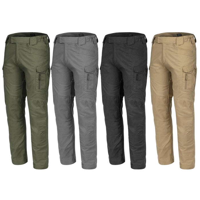 Quatre paires de pantalons cargo tactiques ripstop TEXAR Elite Pro 2.0 de qualité militaire dans les couleurs vert, gris, noir et beige.