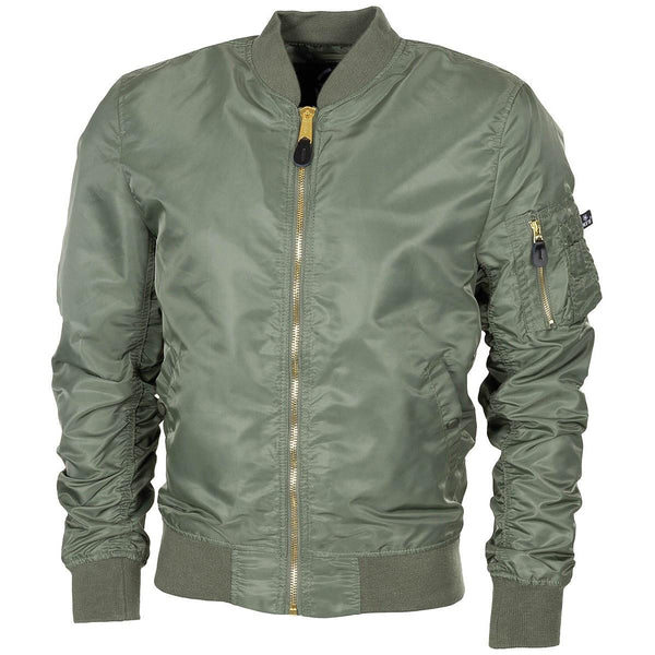 Olive green U.S. military style MA1 bomber jacket with windproof fabric, elastic cuffs, and full metal zipper closure