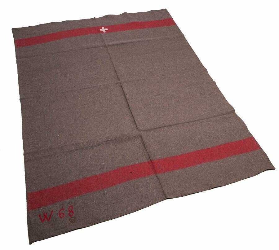 Couverture vintage de l'armée suisse en laine militaire à rayures rouges et croix REPRO NEUF