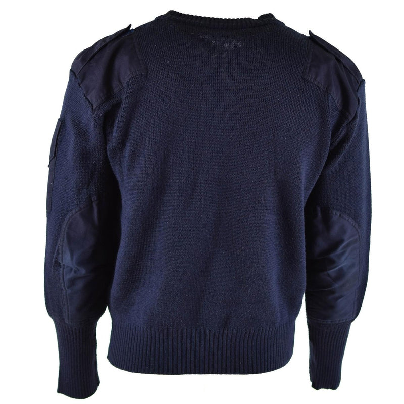 Original British defence service pullover Commando Jumper blue V-neck sweater reinforced elbows and shoulders