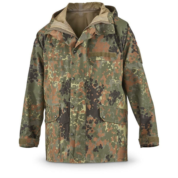 Original German army field Jacket GoreTex Flecktarn waterproof rain gear parka hooded adjustable cuffs hook loop nameplate