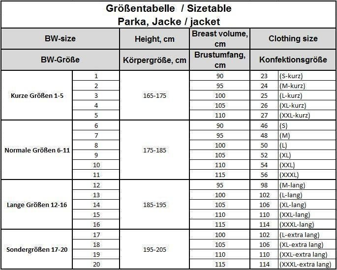 German army shirt zipped flecktarn short sleeves combat BW Army issue size chart